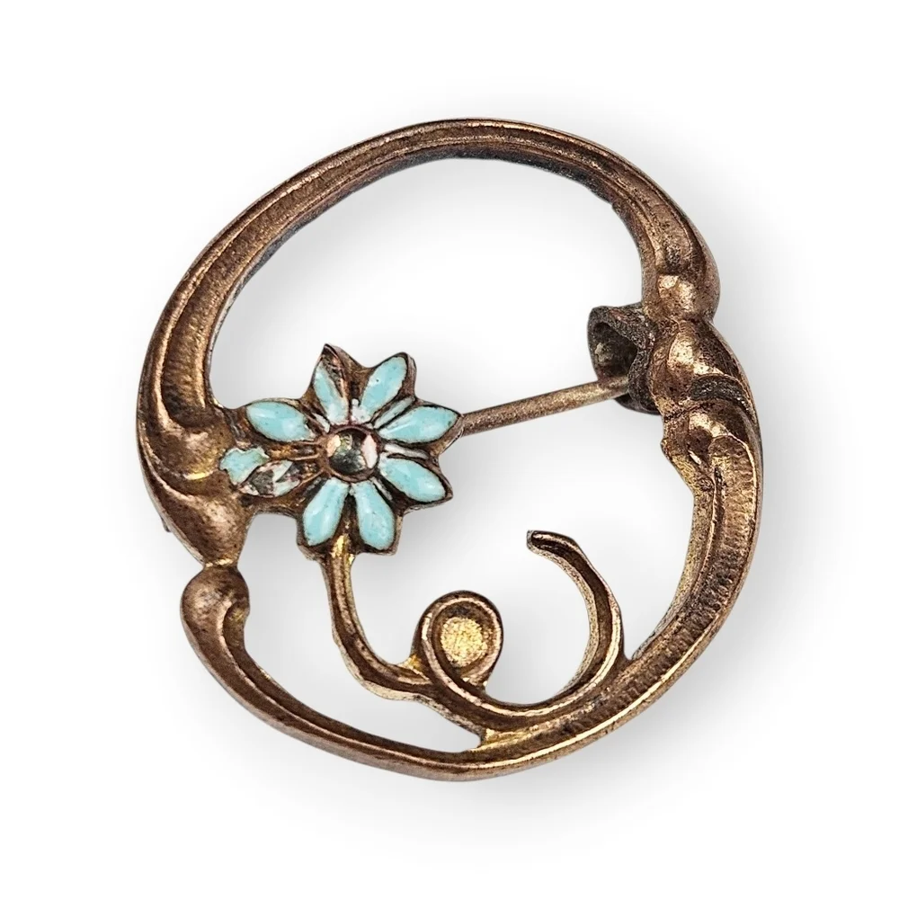 Antique Flower Mini Sash Pin Art Nouveau Blue Enamel Copper Brooch Tiny Vtg 7/8" - Picture 1 of 7